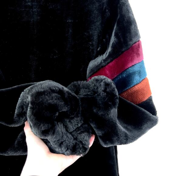 Vintage Sasson Borgazia Faux Fur Coat Jacket Black Rainbow Striped Arm 80s - Picture 6 of 9